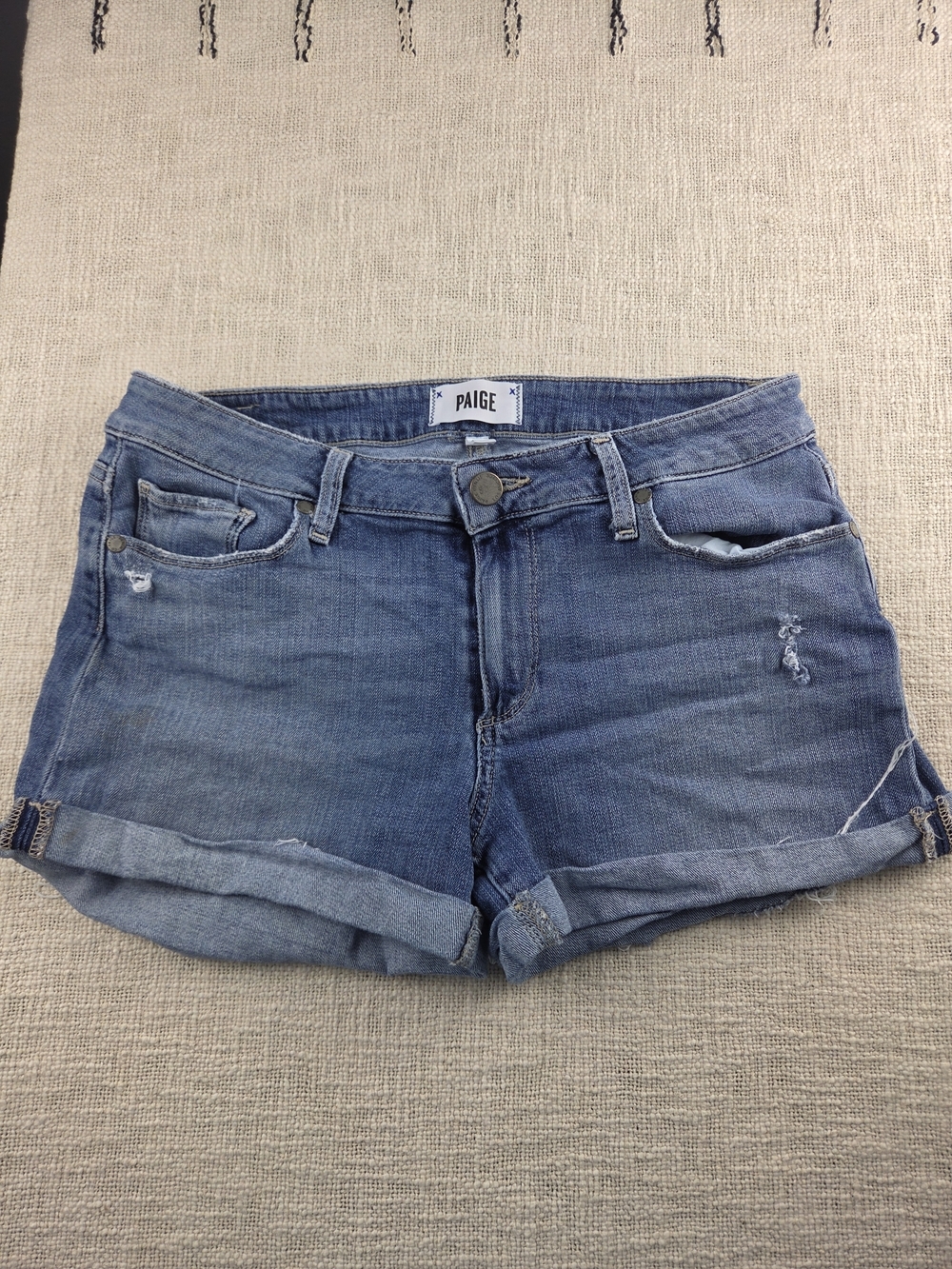 PAIGE Blue Distressed Cuffed Denim Shorts